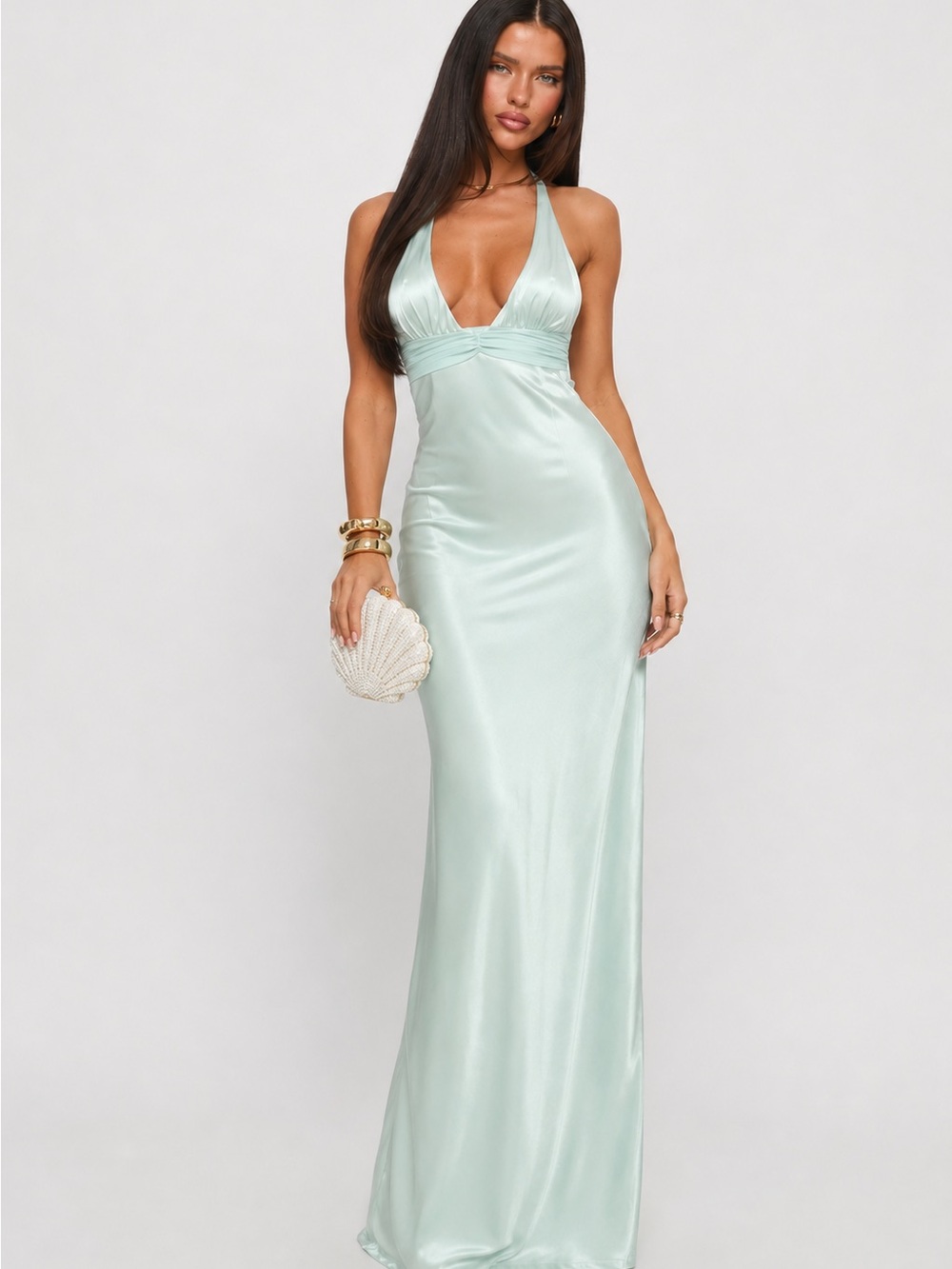 Princess Polly Satin Halter Maxi Dress in Mint